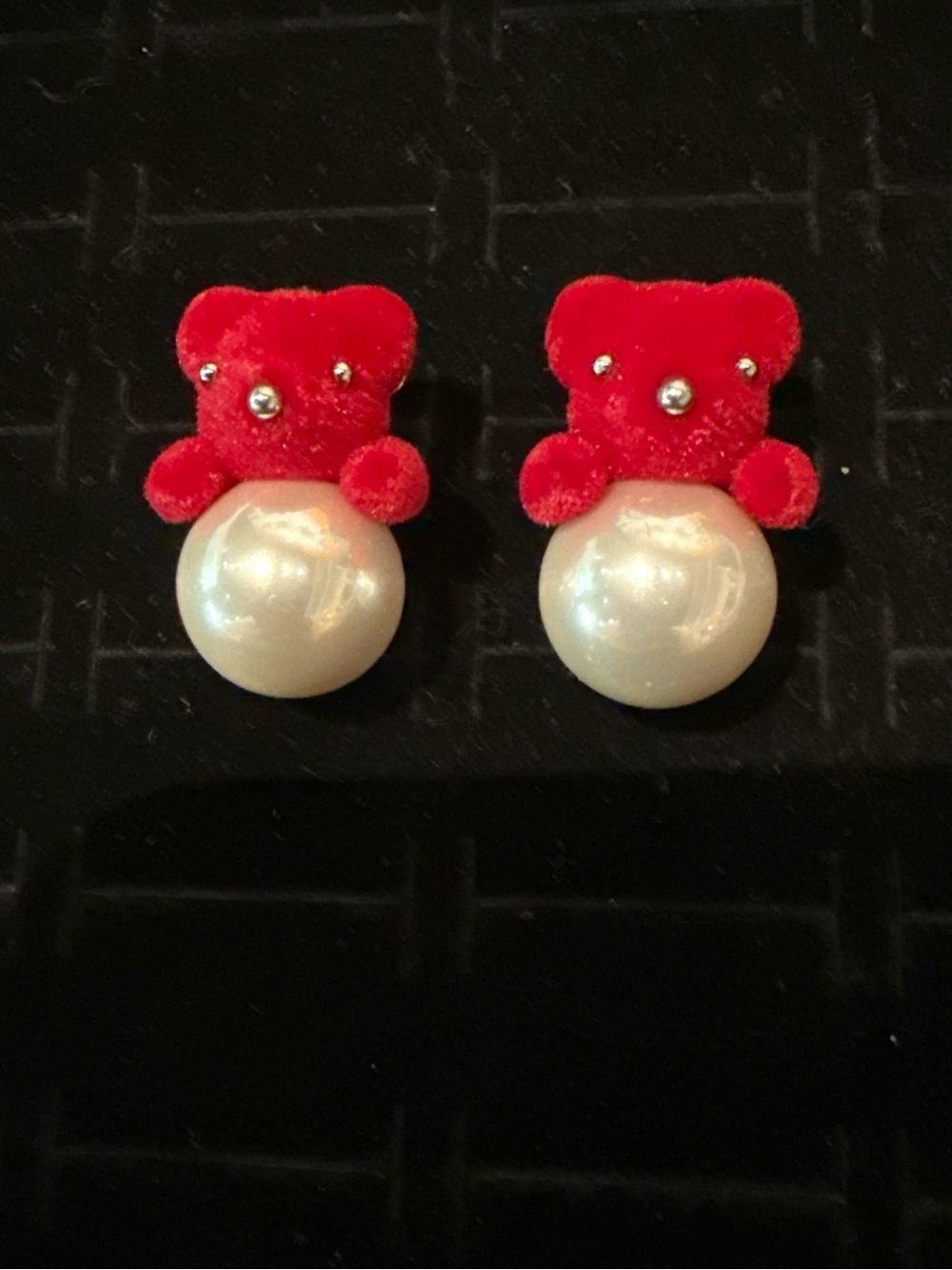 Kids Red Teddy Pearl Stud Earrings
